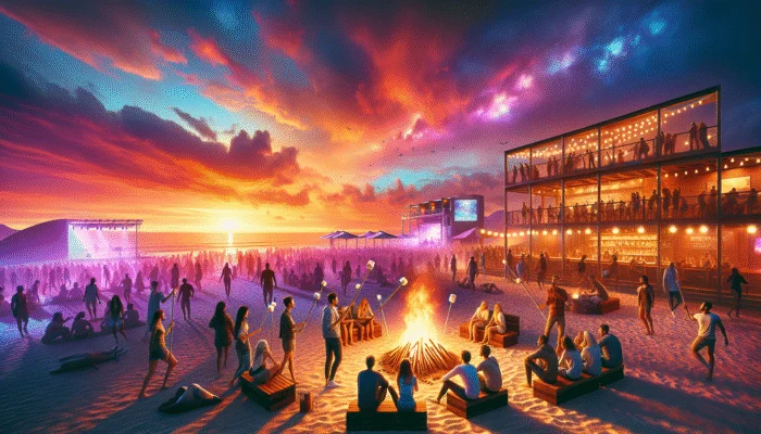 A vibrant beach sunset scene featuring a bonfire, live music at a bar, and a movie screening.