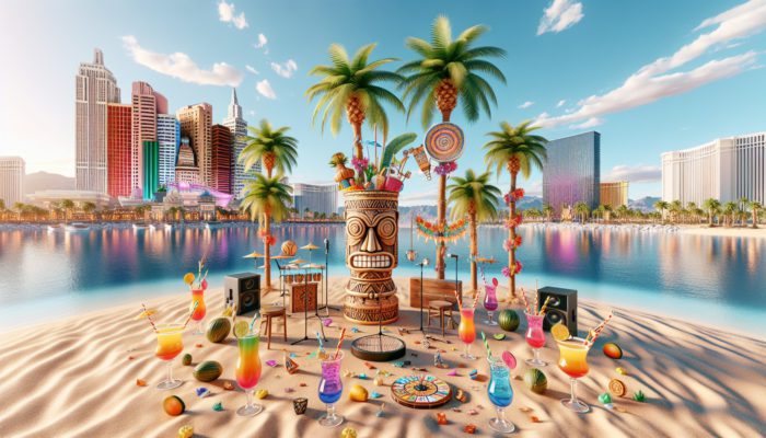 A lively Tiki Oasis festival in Las Vegas featuring palm trees, sandy beaches, cocktails, music, and Polynesian decor.