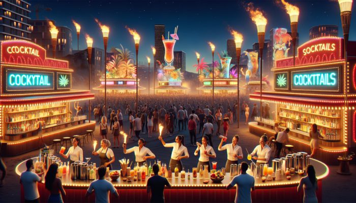 A vibrant Las Vegas night festival showcasing tiki torches, colorful cocktail bars, and expert mixologists.