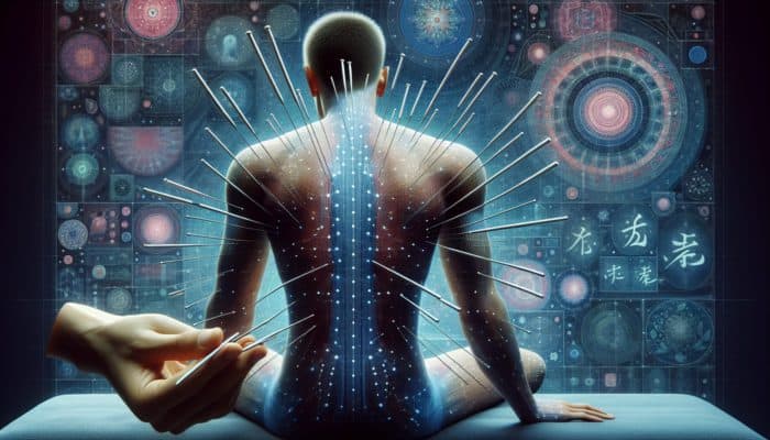 Acupuncture for Gout Pain Relief: A tranquil acupuncture session featuring needles on a patient's back, complemented by symbols of traditional Chinese medicine, symbolizing Qi flow and energy equilibrium.