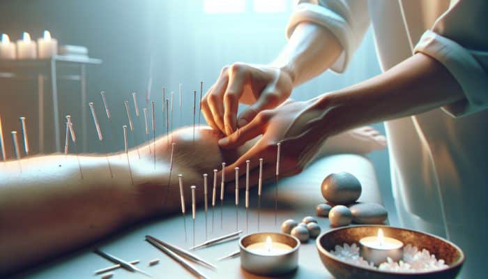 A calm acupuncture session focusing on gout treatment, with needles placed around inflamed joints and distal points in a serene setting.