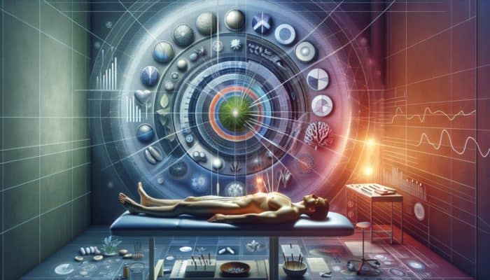 A tranquil acupuncture session in a modern UK clinic, with a gout patient receiving treatment, surrounded by informative charts and case studies.