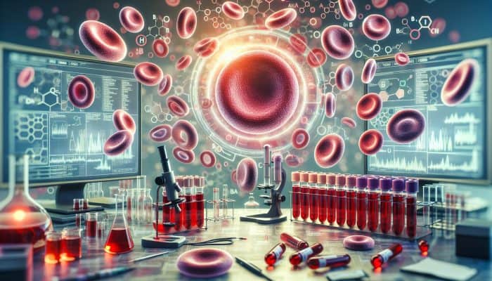 Detailed view of blood grouping test in Biggleswade showcasing red blood cells with A, B, AB, O antigens in a medical lab with test tubes and blood typing chart.