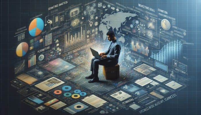 A small business owner in Ferndown analyzing marketing metrics on a laptop, surrounded by marketing materials.