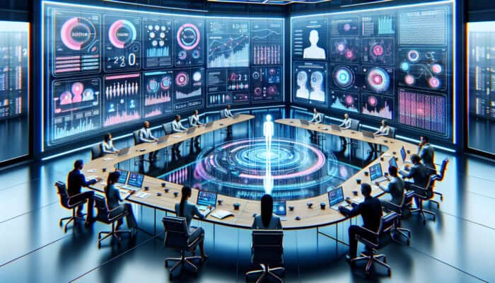A futuristic office with experts evaluating virtual assistants' social media skills on screens with digital analytics.