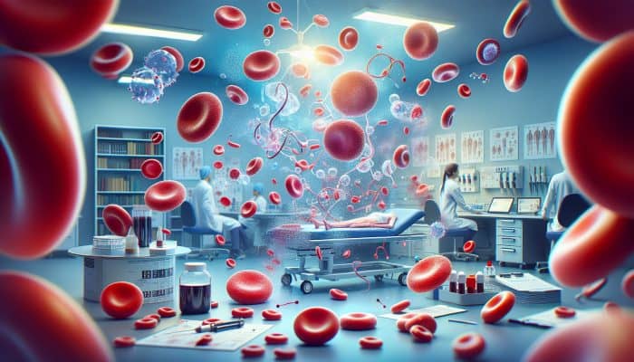 Full Blood Count in Farnworth: An informative illustration of a full blood count showcasing red and white blood cells, and platelets on a clinical backdrop.