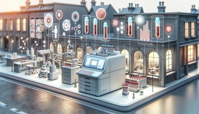Modern laboratory in Farnworth with automated analysers processing samples, showcasing rapid results on screens.
