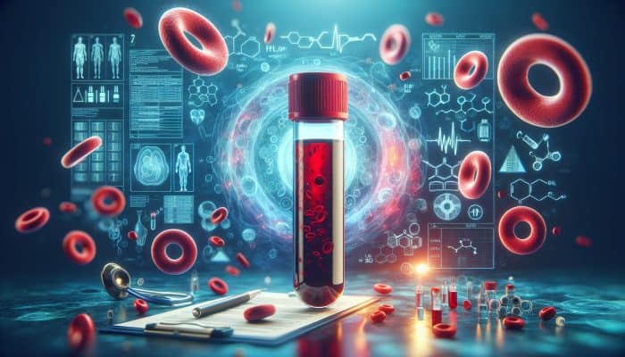 Ferritin Blood Test in Droylsden: Illustration depicting a blood vial, ferritin proteins, red blood cells, and iron storage in a clinical environment.