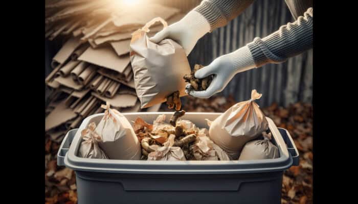 Person adding pet waste in biodegradable bags to composter with leaves and cardboard for balanced composting.