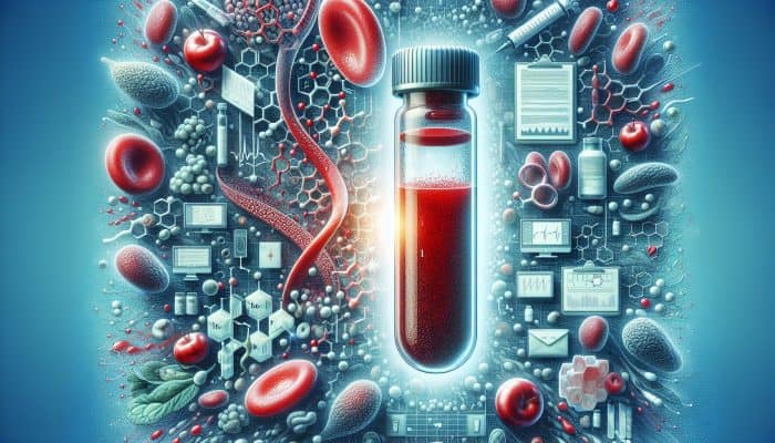 Ferritin Blood Test in Hyde: Illustration of the ferritin blood test featuring a vial, ferritin proteins, and iron-rich foods like spinach and red meat.