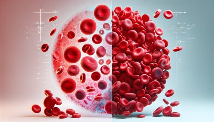 Illustration showcasing ferritin levels in blood, highlighting normal and low levels alongside differences in red blood cells.