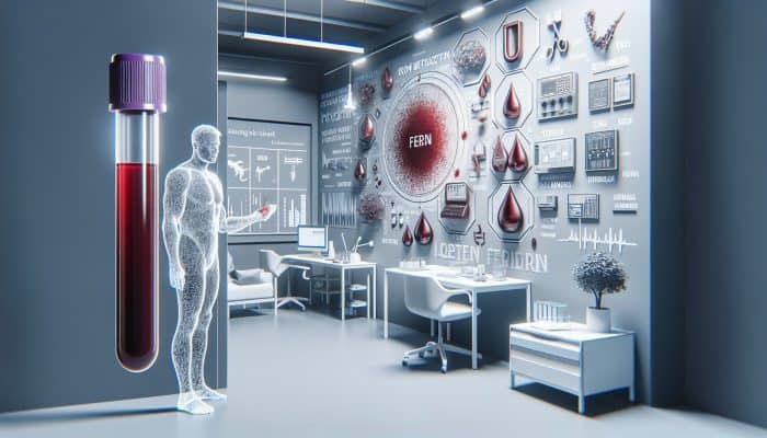 Illustration representing the ferritin blood test in a UK clinic, focusing on diagnosing iron deficiency and overload.