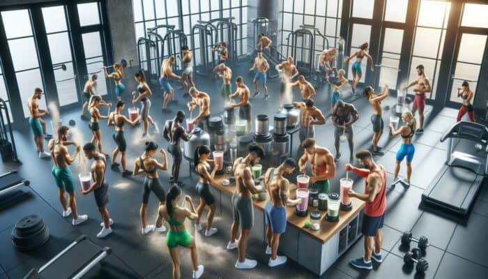 Athletes in a gym blending protein shakes, surrounded by fitness equipment, focusing on muscle repair and growth.