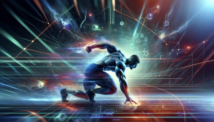 Athlete undergoing a high-intensity workout, boosted by beta-alanine, with a dynamic backdrop.