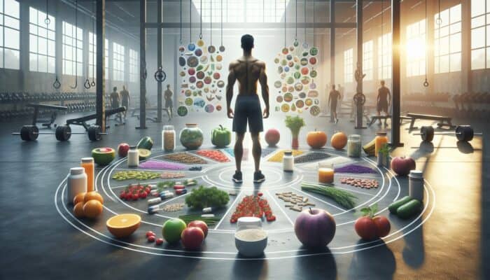 An athlete in a gym, surrounded by nutritious whole foods and supplements, illustrating dietary balance.