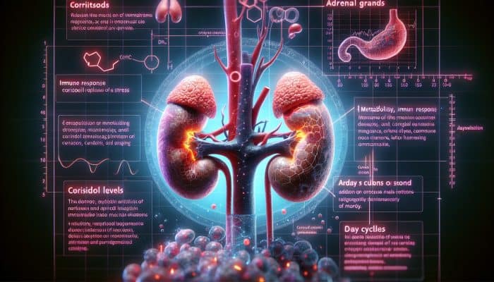 Cortisol Blood Test in Rochdale: Illustration of adrenal glands releasing cortisol, illustrating its impact on metabolism, immunity, and stress management, alongside a graph showing daily cortisol fluctuations.