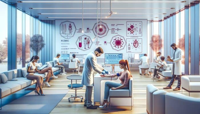 State-of-the-art medical facility in Rochdale providing cortisol blood tests, featuring patients and lab technicians engaged in the process.