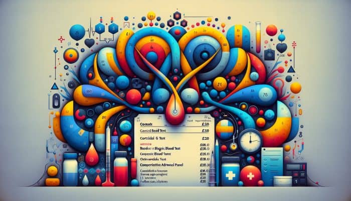 Medical invoice illustrating cortisol test costs: basic test £50-£100, adrenal panel £100-£200, consultations £50-£150.