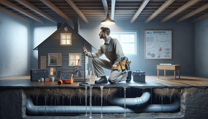 An expert inspecting a damp crawl space with modern drainage tools, ensuring compliance with quality standards.