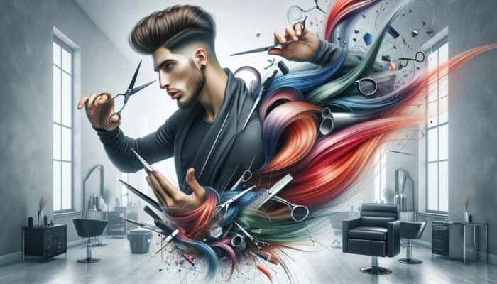 A skilled hairstylist expertly executing asymmetrical cuts with precision scissors, surrounded by vibrant hair colors and a chic salon ambiance.