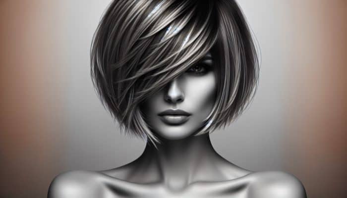 A chic asymmetrical bob featuring longer front strands, layered texture, and volume at the roots for a polished yet edgy appearance.