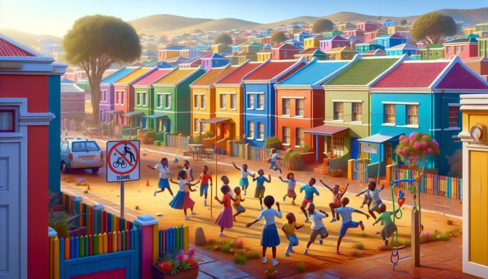 A vibrant Mthatha neighborhood with school zone signs and children playing near well-maintained homes.