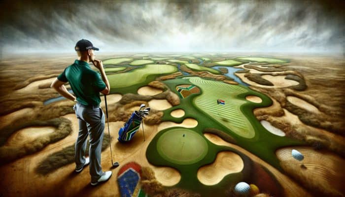 A South African golfer strategizing on a diverse golf course, focusing on ball placement and approach angles.
