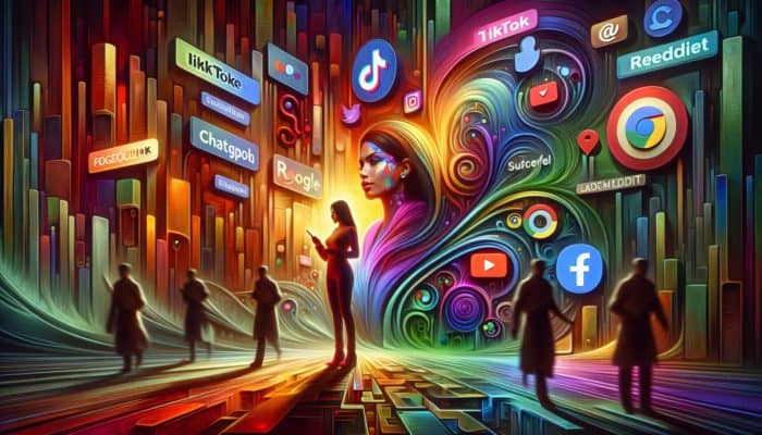 A futuristic marketing strategist navigating a vibrant digital landscape, focusing on TikTok, ChatGPT, and Reddit, while competitors are trapped in a shadowy Google maze.