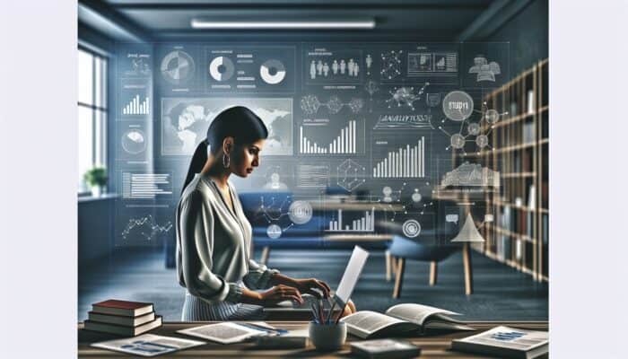 Small business owner reviewing SEO trends on laptop in a modern office, surrounded by marketing materials.