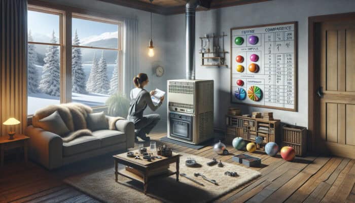 A technician evaluates an old furnace in a cozy living room, alongside service plan charts and a snowy Langley landscape visible through the window.