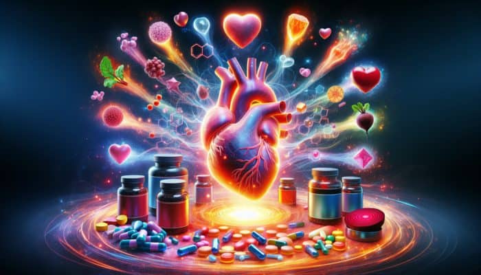 Reviewing Nitric Oxide Boosters: Vibrant nitric oxide supplements swirling around a glowing heart, symbolizing enhanced blood flow and vitality.