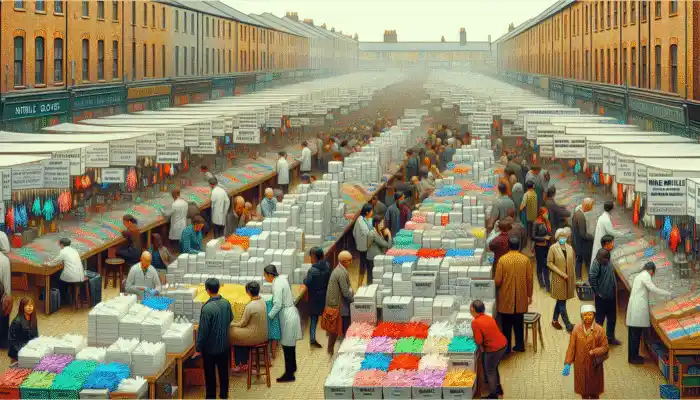 A busy marketplace in Newcastle with vendors offering various nitrile gloves for medical, food, and industrial applications.
