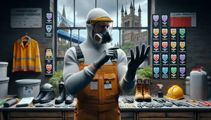 A person in Newcastle assessing nitrile gloves, comparing prices and certifications, with safety equipment and customer feedback analytics in the background.