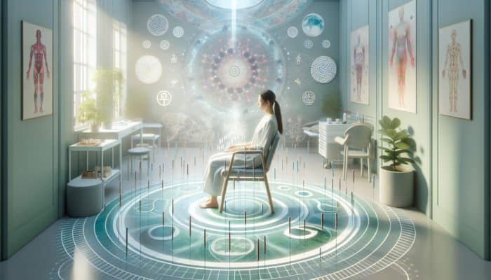 A woman receiving acupuncture in a tranquil UK fertility clinic, surrounded by calming colors and traditional Chinese motifs.