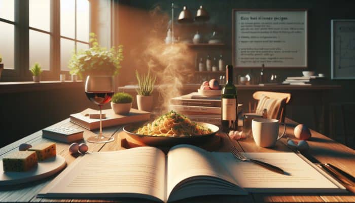 Top Easy Dinner Ideas for One Person: A cozy kitchen table set for one with steaming pasta, wine, and a recipe book.