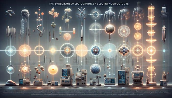 Advanced Electroacupuncture Techniques: A timeline showcasing the evolution of electroacupuncture in the UK, highlighting significant milestones and the integration of technology.