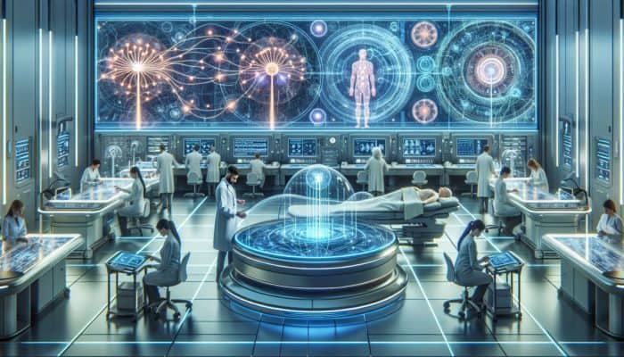 Advanced electroacupuncture devices in a modern medical setting featuring experts and relaxed patients.