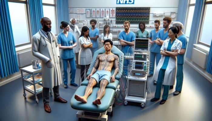 A diverse group of healthcare professionals observing an electroacupuncture treatment in a contemporary UK hospital room featuring NHS branding.
