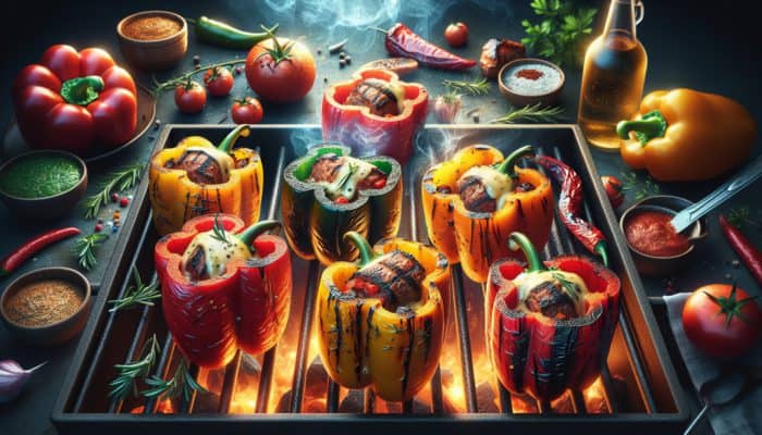 Colorful halved bell peppers filled with seasoned meat and cheese on a smoky grill with herbs.