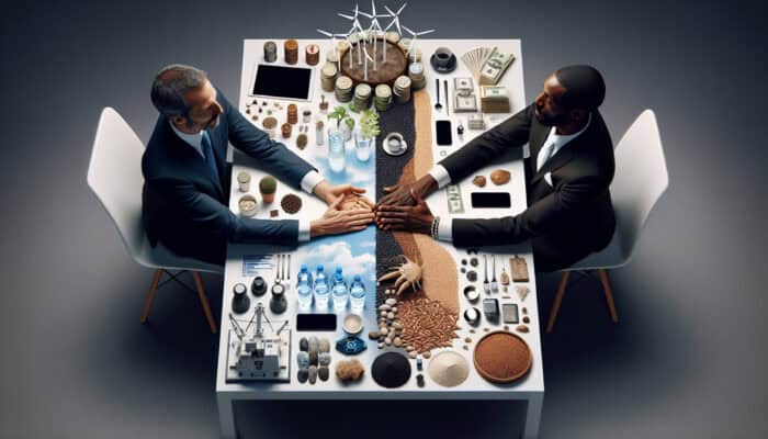 Two individuals shaking hands over a table with resources, symbolizing a successful partnership.