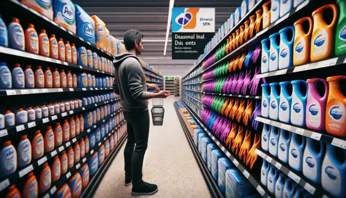 Shopper examining rubber gloves in Droitwich Spa supermarket, featuring Tesco and Sainsbury's logos and a seasonal discount sign.