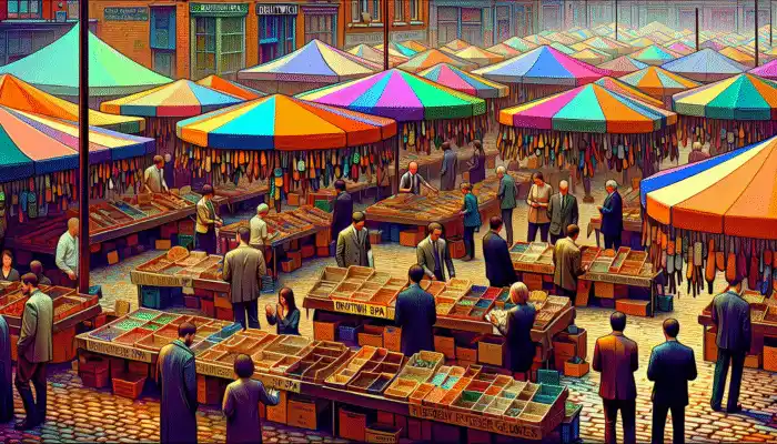 A lively market scene in Droitwich Spa with vendors selling rubber gloves and experts providing advice under a colorful canopy.