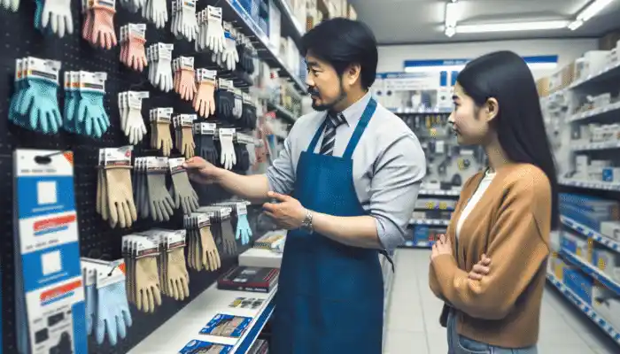 A hardware store employee in Droitwich Spa assists a customer in selecting rubber gloves, showcasing various brands and details.