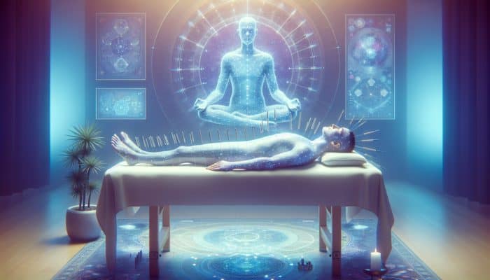A tranquil acupuncture session featuring a patient comfortably lying down, with needles inserted into specific points, in a serene, holistic room illuminated with soft lighting.