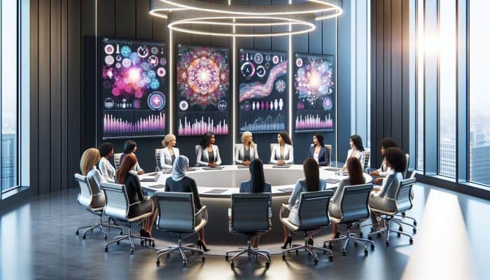 A diverse group of female health professionals engaged in a discussion about women's health in a modern conference room, equipped with digital screens.
