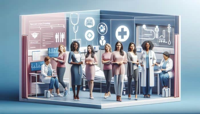 Diverse UK women accessing healthcare services through NHS GPs and private clinics, illustrated with medical service symbols.