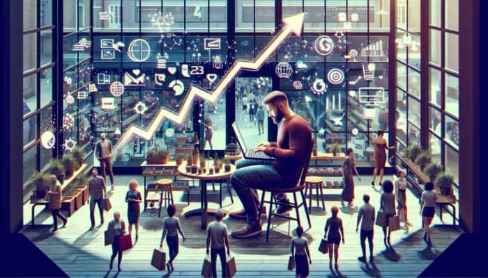 Copper Service: A local shop owner updating their website on a laptop amidst a busy store, highlighting increased foot traffic and improved search rankings.