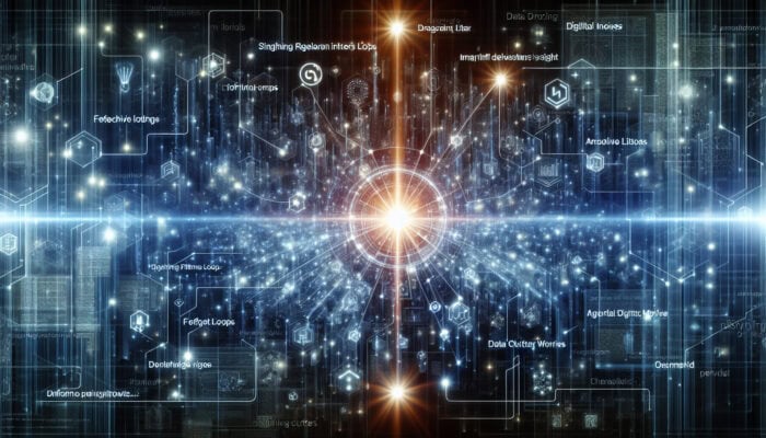 A network of glowing data streams with filters highlighting insights, symbolizing feedback loop challenges.