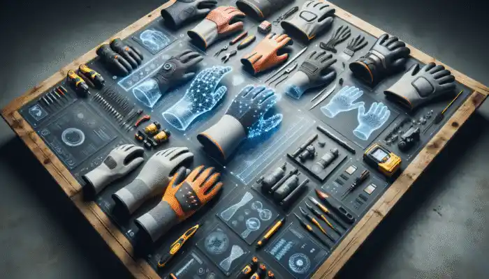 A variety of safety gloves displayed on a workbench, designed for multiple industries.
