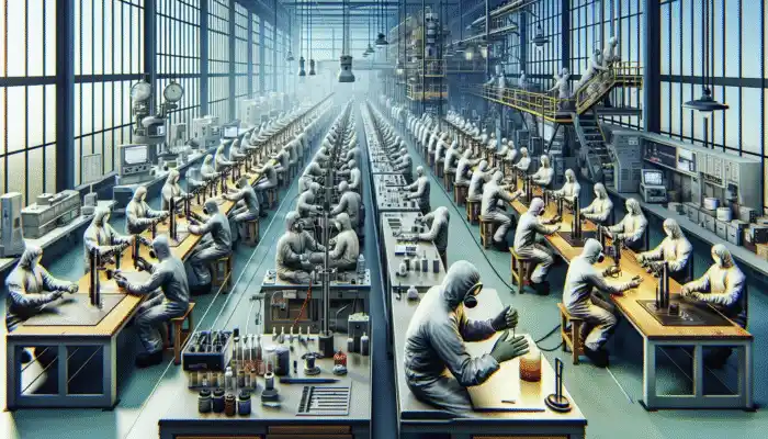 Workers in Goole conducting lab tests on safety gloves using advanced equipment to ensure quality and durability.